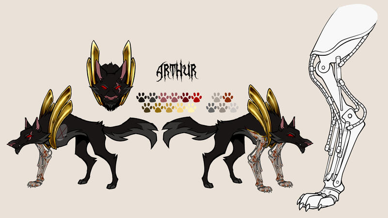 Concept art of Arthur, an original character for a re-imagining of the classic story of King Arthur titled "Reclaim," where the legendary king is reincarnated as a cybernetic wolf from before humanity died out. For my video game pitch for class.
