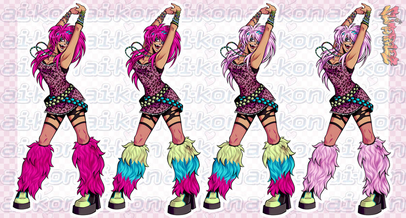 Alternate colors for Aiko! Only two could be submitted, but they were the hot pink hair and rainbow leggings, and the pastel hair and pastel leggings!