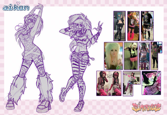 The only descriptors for Aiko were pink hair and blue eyes. I used a combination of gyaru and scene subculture in her design. While I really wanted the chaos of the second concept, the first felt more cohesive.