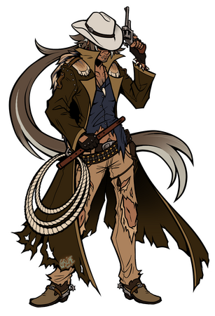 Completed character design for my college class-- Coyote Jones. A rogue vigilante cowboy who uses a wooden flute to call upon the spirits of coyotes in order to aid himself in taking down criminals and other wrongdoers.