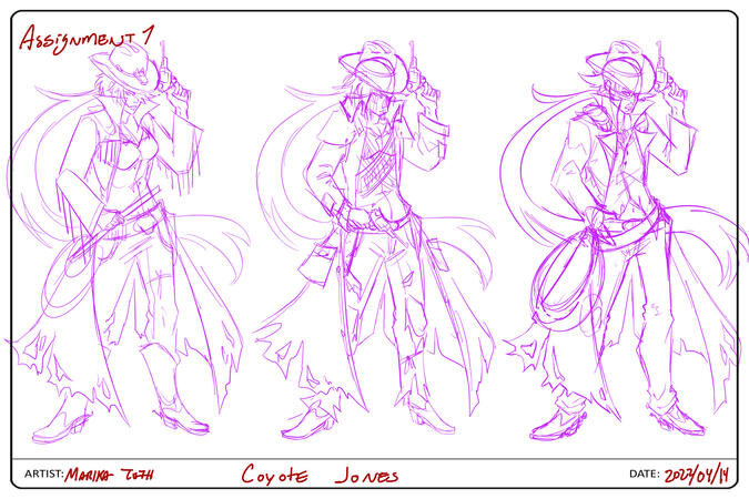Coyote Jones' sketch exploration after choosing a silhouette. Initially I did want to move forwards with a femme design, but decided against it.