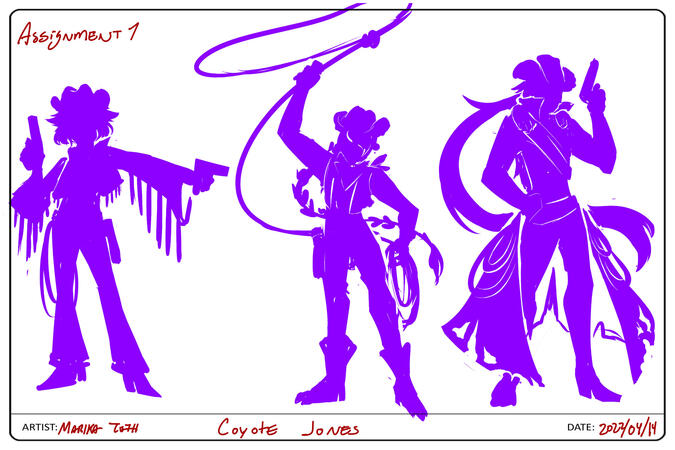 Coyote Jones' silhouette exploration. The first was VERY inspired by Rose from Elsword, which is why I chose the one on the far right as a result.