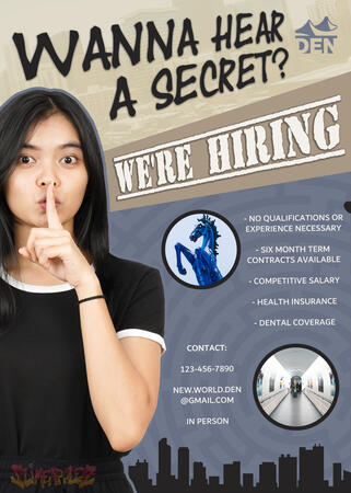Fake hiring poster for "the Collective," the secret organization from the podcast Escaping Denver. They're situated underneath the Denver Airport.